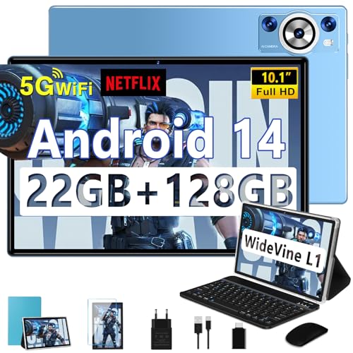 10 Zoll tablet android 14, octa-core, 22GB RAM, 128GB ROM, 8000mAh, blau