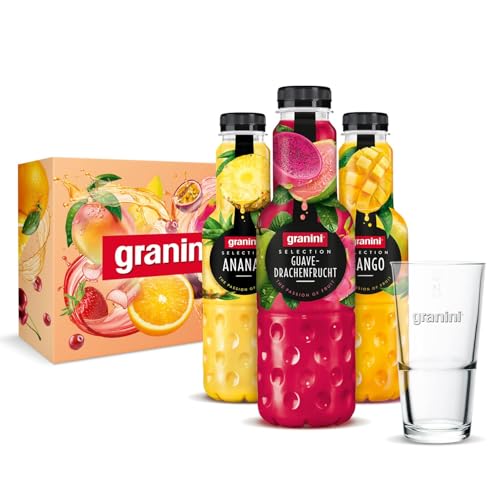 granini Selection geschenkset mit ananas, guave-drachenfrucht, mango und cocktailglas