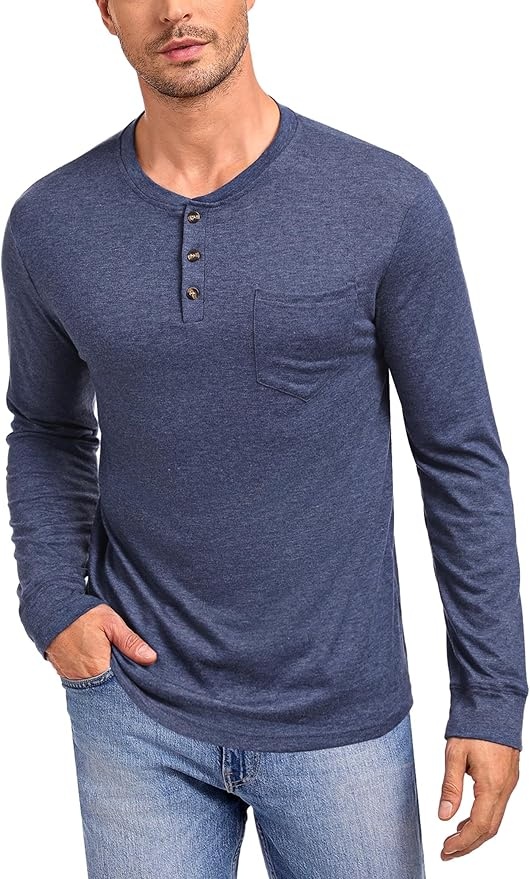 wayleb henley longsleeve herren shirt baumwolle knopf mit brusttasche navy M