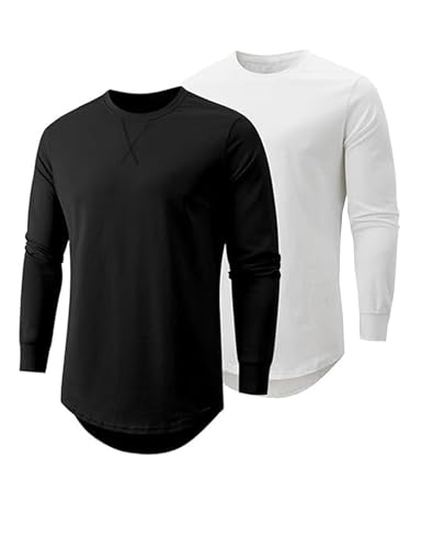wayleb herren longsleeve t-shirt baumwolle rundhals casual longline schwarz weiß heidegrau L