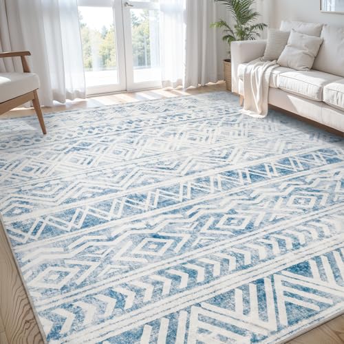 SIXHOME Teppich blau 150x210cm waschbar rutschfest Boho geometrisch für Wohnzimmer Schlafzimmer