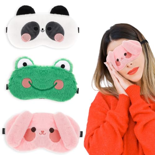 tier-schlafmaske 3er set, kühlende plüsch-augenmaske, kawaii augenbinden für erwachsene