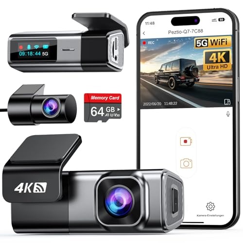 Dashcam Dual 4K+1080P, 5GHz WiFi, 64GB, Nachtsicht, G-Sensor, 24/7 Parküberwachung