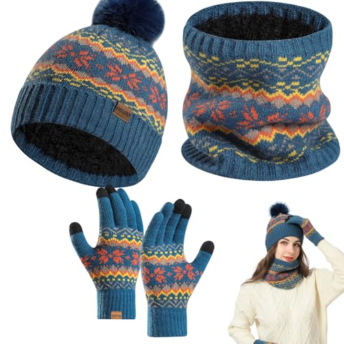 mütze schal handschuhe set 3-teilig winter set mit fleece-futter blau