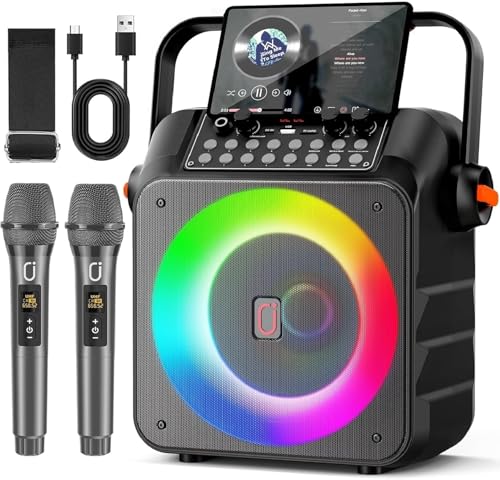 hwwr karaoke maschine mit 2 mikrofonen, tragbare lautsprecher mit rgb-licht