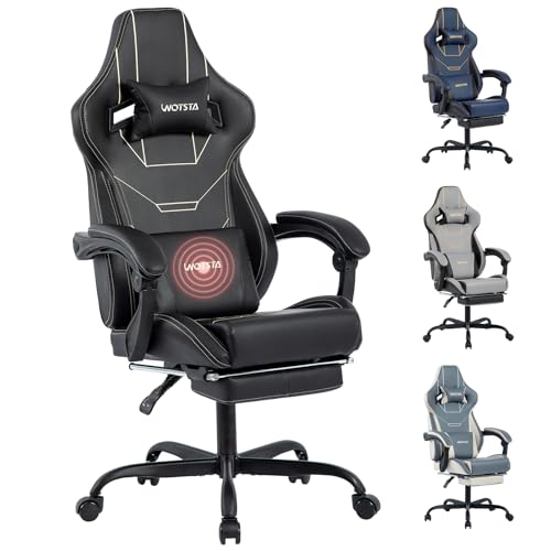 wotsta gaming stuhl ergonomisch mit fußstütze, höhenverstellbar, schwarz