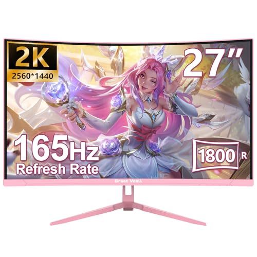 voell rosa curved gaming monitor 27 zoll, 165Hz, 2K, HDR, FreeSync, anti-blaulicht