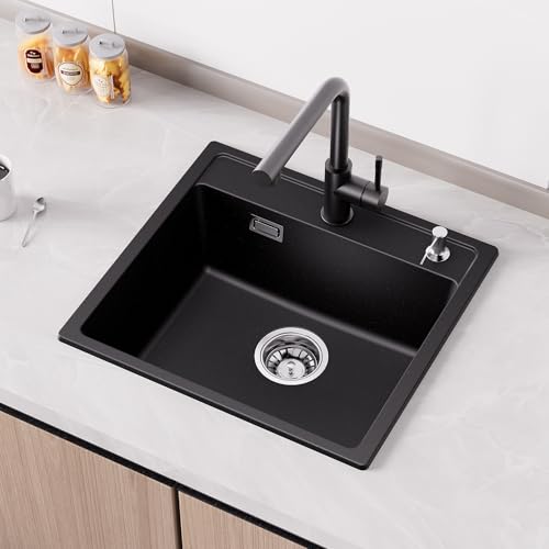 anycee küchenspüle schwarz 50x46 cm, granitspüle mit siphon, 80% quarzsand