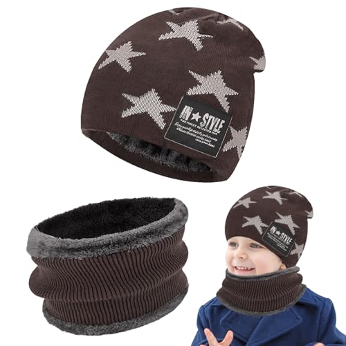 kinder wintermütze beanie und loop schal set, fleece gefüttert, 5-15 jahre, braun