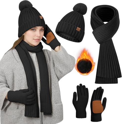 schwarz mütze schal handschuhe set damen winter bommel mütze touchscreen handschuhe