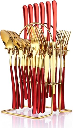 24-teiliges silbernes Besteck Set mit Halter, Löffel, Gabeln, Messer für 6, Edelstahl