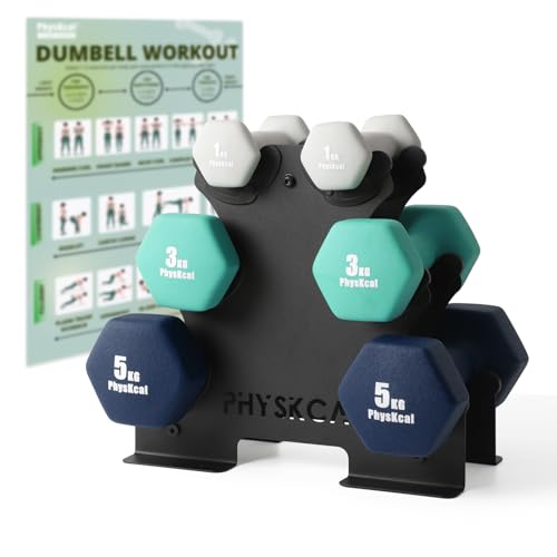 physkcal kurzhantel set 2 x 1 kg 2 x 3 kg 2 x 5 kg mit stahl hantelständer neopren