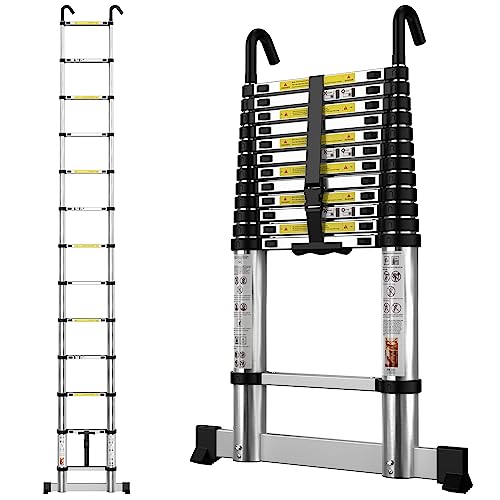 gymount teleskopleiter 3,8 m ausziehbar mit stabilisator und haken, aluminiumleiter