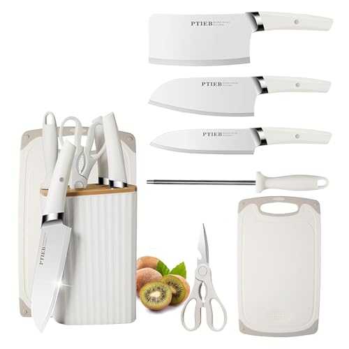 Produktbild: maxspace messerblock set, 7-teiliges küchenmesser set mit keramikbeschichtung, weiß