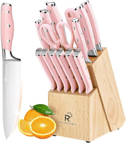 15-teiliges küchenmesser set mit holzblock, scharfe edelstahlmesser, rosa