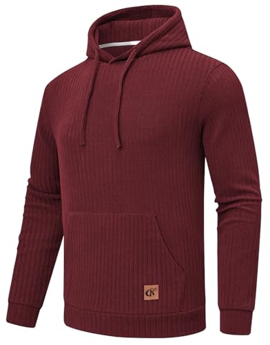 Huayuzh Herren Hoodie Oversize 2024, warmer Langarm Kapuzenpullover mit Taschen, Casual Sweatshirt in Claret XL