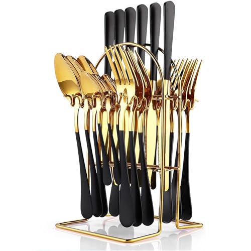 Produktbild: besteck set 24-teilig für 6 personen edelstahl mit besteckhalter schwarz gold von maxspace