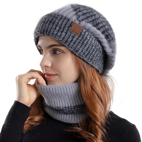 figarge strickmütze und loop schal set für damen und herren, warm, weich, fleecefutter