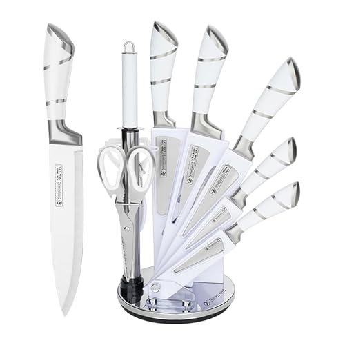 messerset 9-teilig mit drehbarem acrylmesserblock, edelstahl küchenmesser mit schärfer, geschenkidee silbrig