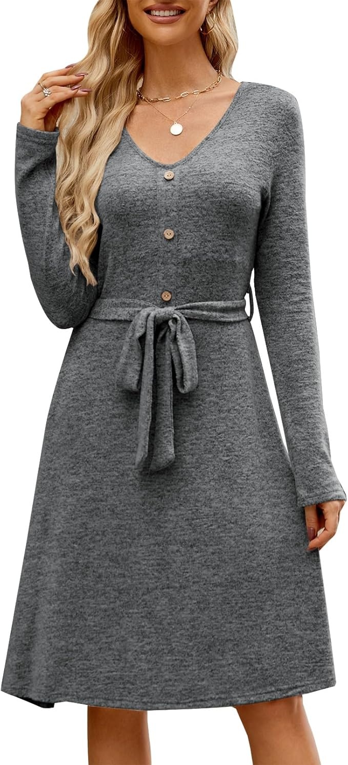 Produktbild: Freizeitkleider Damen V-Ausschnitt Langarm Pulloverkleid Herbst Winter mit Knöpfen