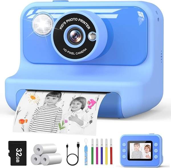 hangrui kinder sofortbildkamera 1080p mit 2,4 zoll bildschirm, 32G karte, drucker, geschenk 3-12 jahre