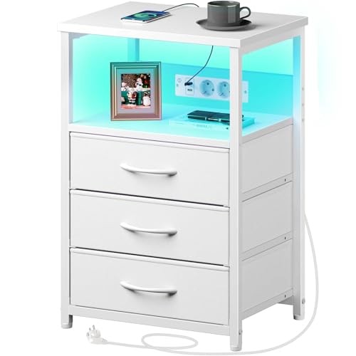 Rolanstar Nachttisch mit USB, Steckdosen, 3 Schubladen, Weiß, 40x30x60 cm