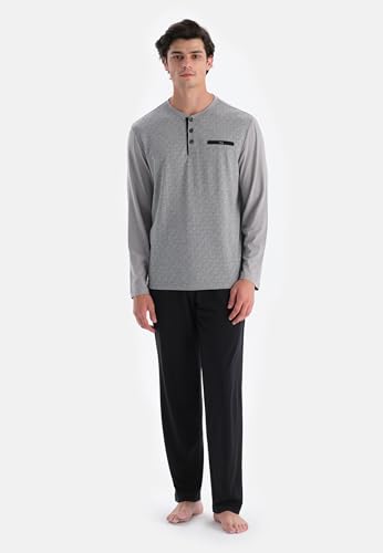 men's jacquard detail pajamas set light grey long sleeve shirt and pants, s