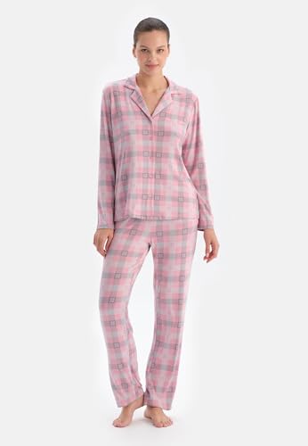 dagi damen schlafanzug set, rosa karierter thermal shirt und hose, gr. s