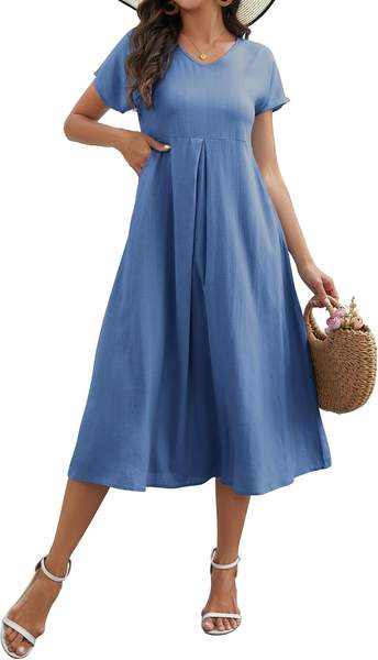 Sommerkleid Damen V-Ausschnitt Leinen Kleider Große Größen Strandkleid mit Taschen (Blau, L)