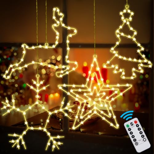 Joellfuner LED Fensterdeko Weihnachten beleuchtet, 4er Set Sterne Deko 45-50 warmweiße LEDs