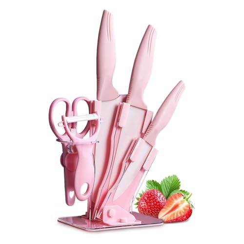 Produktbild: justup messer set 6-teilig rosa keramik messerblock set mit acrylständer