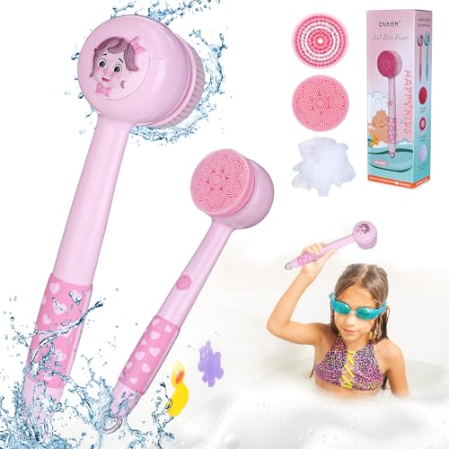 elektrische badebürste mit langem griff, duschbürste für kinder, 3 köpfe, 2 modi, wiederaufladbar, ipx6, rosa