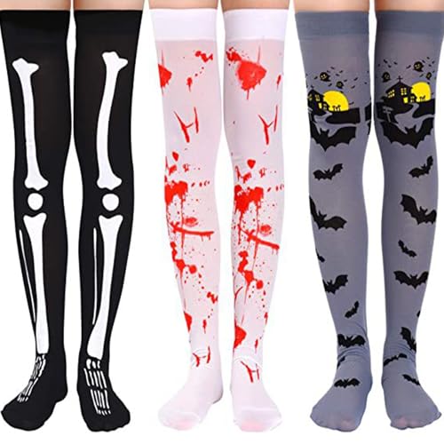 brtnup halloween strümpfe skelett blutige kniestrümpfe für damen, 3 paare