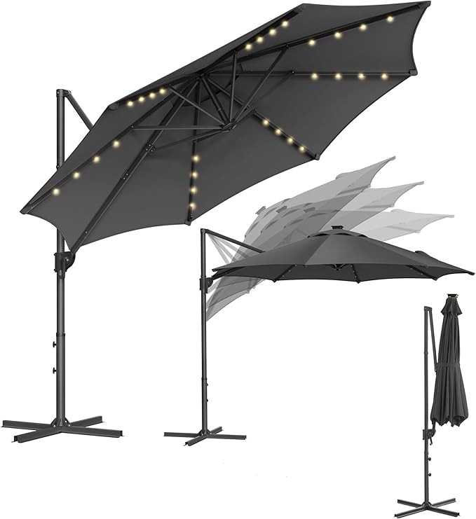 SONGMICS Ampelschirm 300cm, 28 Solar-LEDs, 360 drehbar, Grau/Cremeweiß