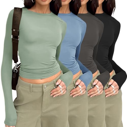ygoodm damen langarmshirts 4er pack crew neck y2k crop tops slim fit t-shirts