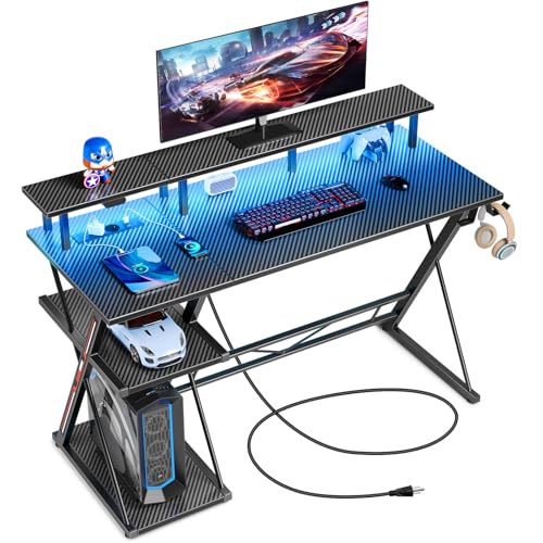 Gaming Tisch mit LED & Steckdosen, 100 cm mit Monitorständer und Fußstütze