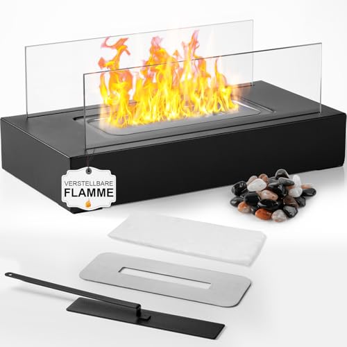 tischkamin bio ethanol mit verstellbarer flamme und abnehmbarem glas, 3h brenndauer