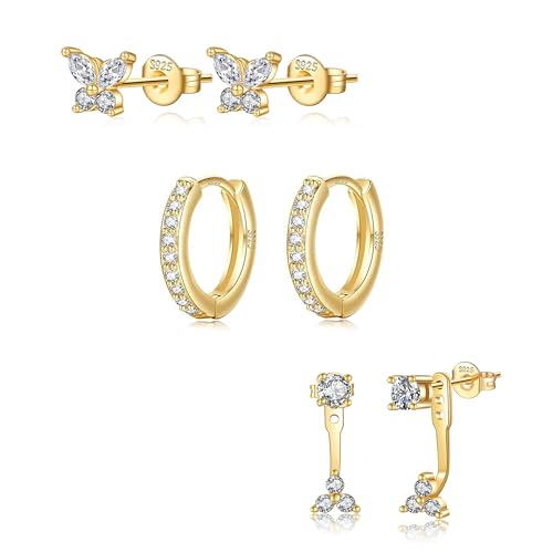 exgox ohrstecker silber 925, 3 paar creolen für damen, hypoallergen, klein, gold set