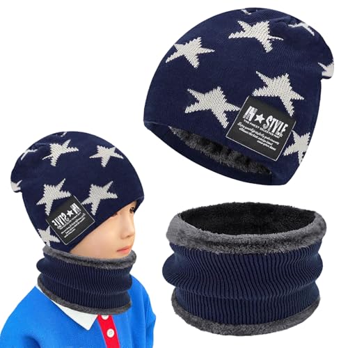 kinder wintermütze beanie hut mit schal set, fleece gefüttert, für jungen und mädchen