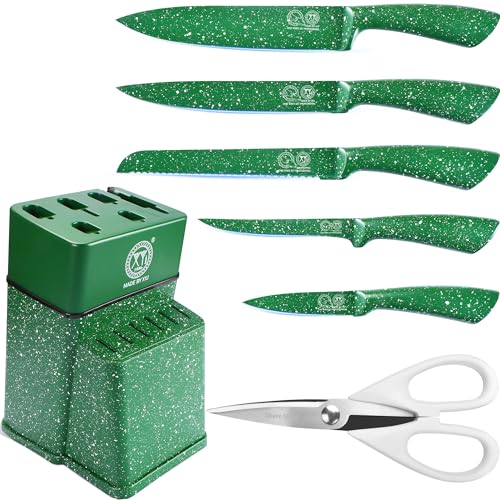 xyj messer set, professionelles kochmesser set mit block, grüne edelstahl küchenmesser