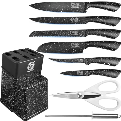 xyj messerblockset edelstahl, schwarze messer mit halter, kochmesser und fleischmesser
