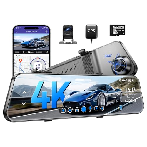 4K dashcam spiegel mit rückfahrkamera, azdome 12", wifi, 64 GB, gps, g-sensor