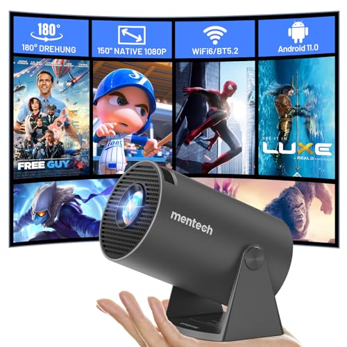 mentech mini beamer 180 drehbar, wlan bluetooth, 1080p, android tv 11.0, heimkino