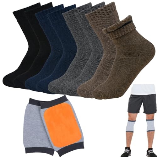 NAROSEBE thermosocken herren 4er set dicke warme wollsocken mit kniewärmer, 4 farben