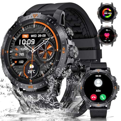 smartwatch herren mit telefonfunktion, 1,43 zoll amoled uhr, herzfrequenz, schlafüberwachung, wasserdicht