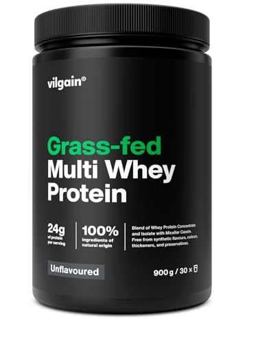 Produktbild: vilgain grass-fed multi whey protein 77% molkenkonzentrat isolat casein unflavoured 900g