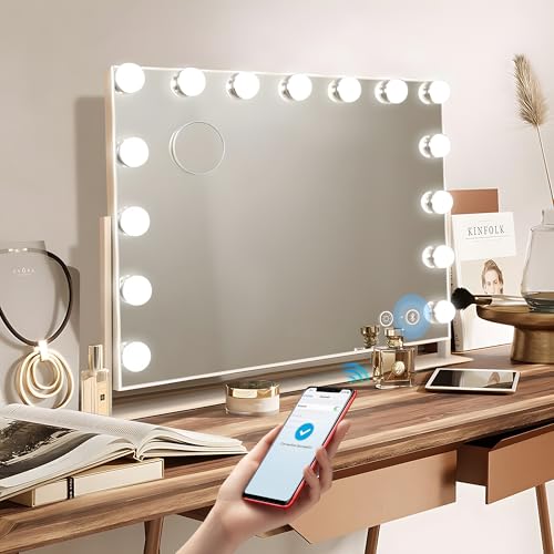 hansong bluetooth schminkspiegel mit 15 led lampen, drehbar, usb beleuchtung