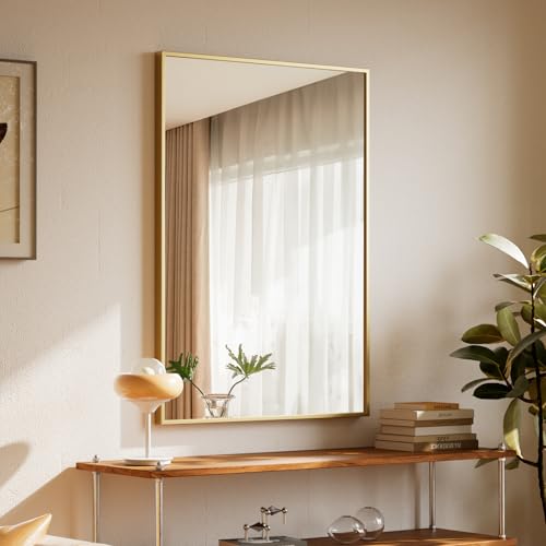 beautypeak wandspiegel 81x61cm rechteckig mit metallrahmen gold bruchsicher für bad schlafzimmer wohnzimmer
