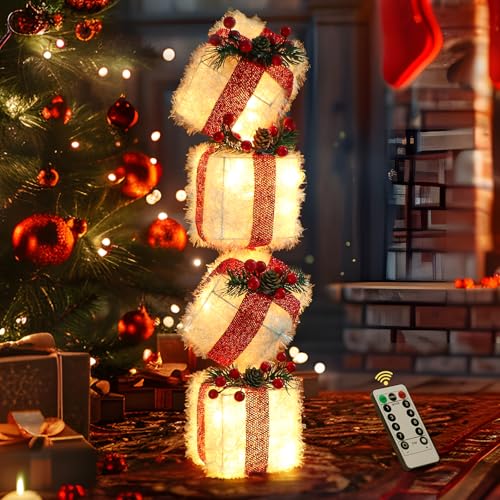 Hzdyopk led geschenkboxen 4er set mit fernbedienung, 60 warmweiße leds, weihnachtsdeko