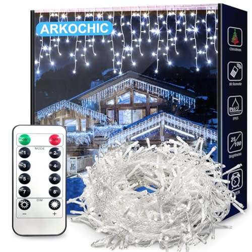 Lichterkette eisregen außen, ARKOCHIC LED mit timer, wasserdicht IP44, 8 modi für weihnachten, balkon, garten